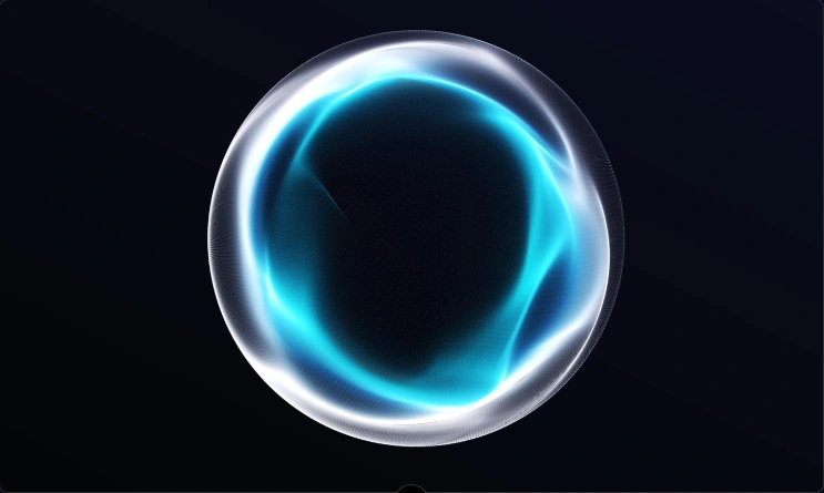 A luminous cyan and silver Aura orb floating against a dark background